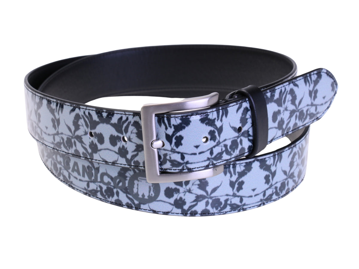 .GREY MEN&#39;S BELT WITH FLORAL FANTASY MADE OF LORRY TARPAULIN.