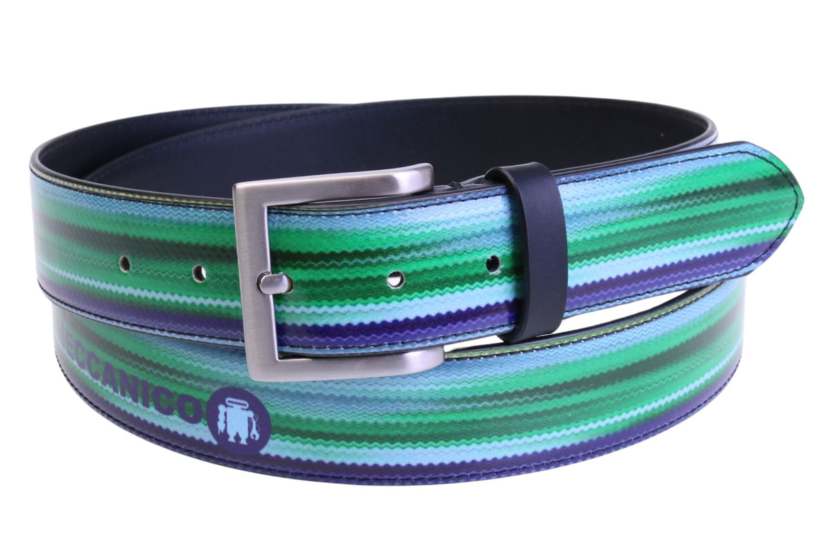 BLUE AND GREEN MEN&#39;S BELT WITH SHADED EFFECT MADE OF LORRY TARPAULIN.