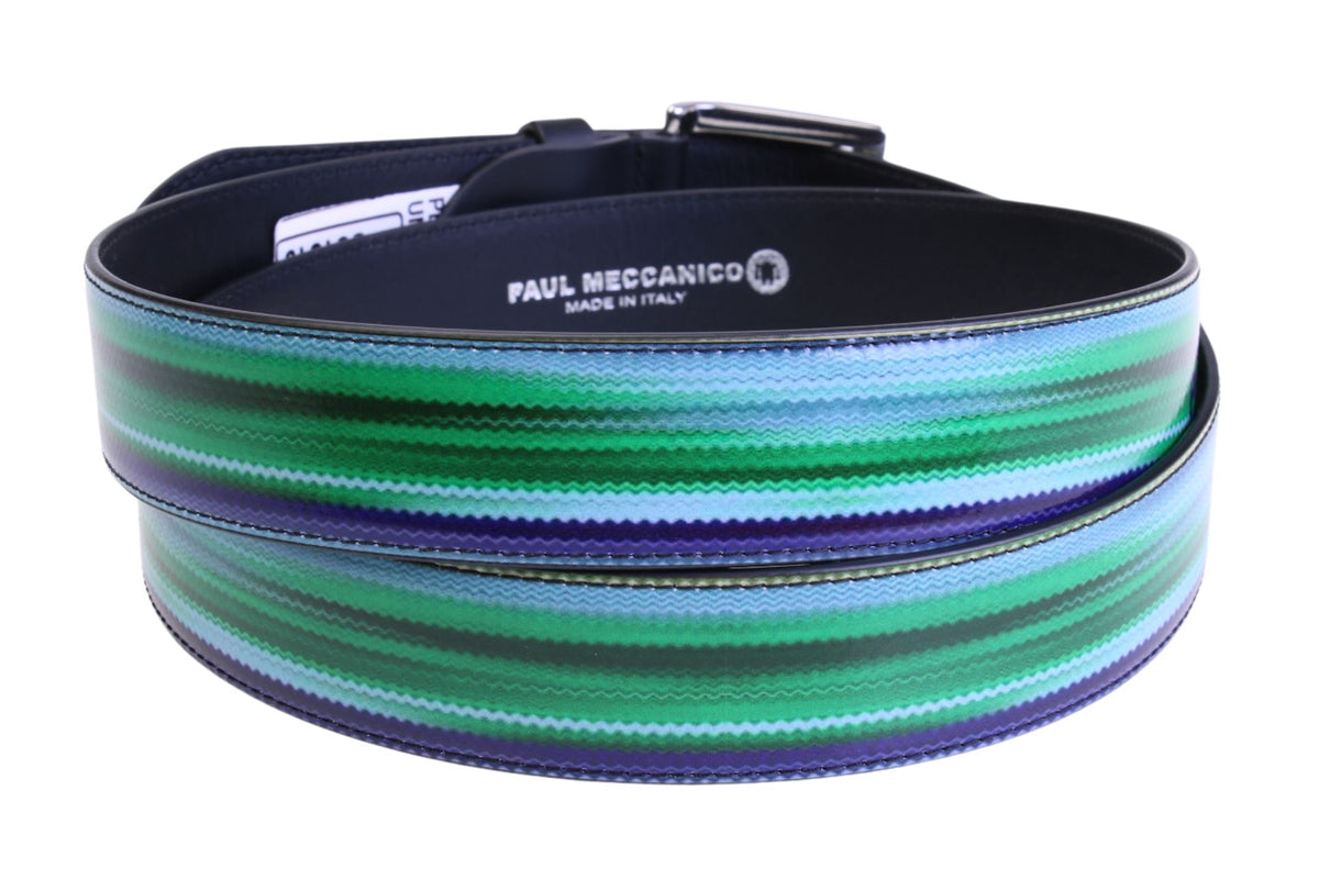 BLUE AND GREEN MEN&#39;S BELT WITH SHADED EFFECT MADE OF LORRY TARPAULIN.