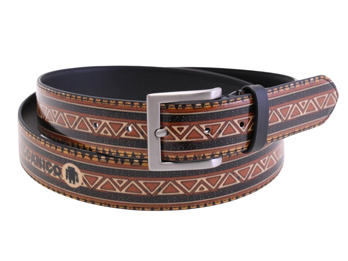 -BROWN MEN&#39;S BELT WITH ETHNIC FANTASY MADE OF LORRY TARPAULIN.