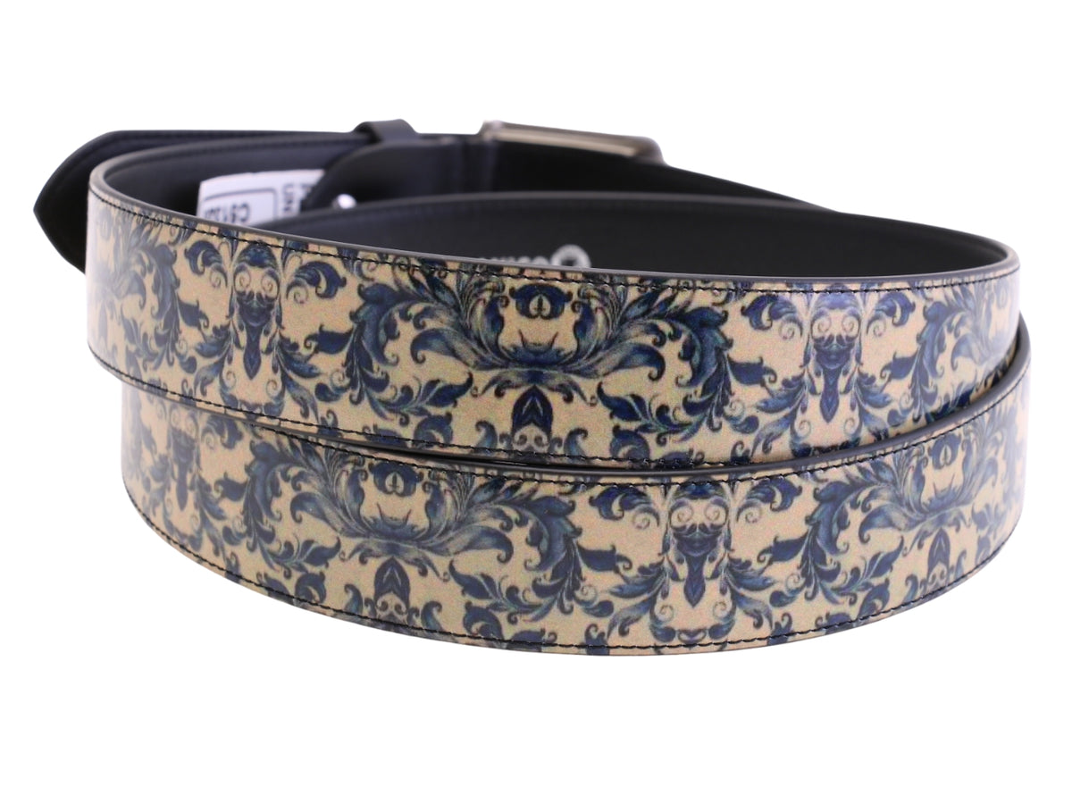 -BEIGE AND BLUE MEN&#39;S BELT WITH FLORAL FANTASY MADE OF LORRY TARPAULIN.