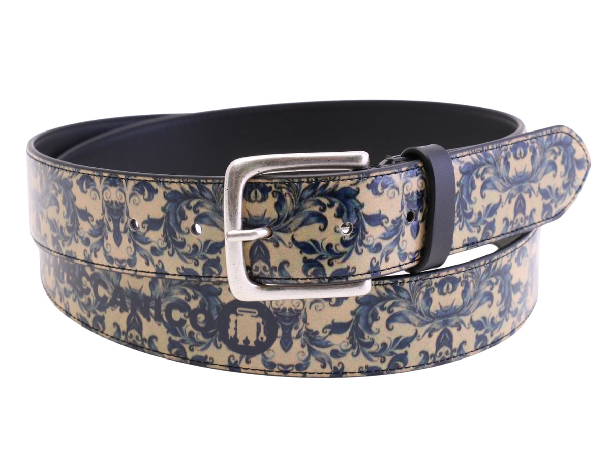 -BEIGE AND BLUE MEN&#39;S BELT WITH FLORAL FANTASY MADE OF LORRY TARPAULIN.