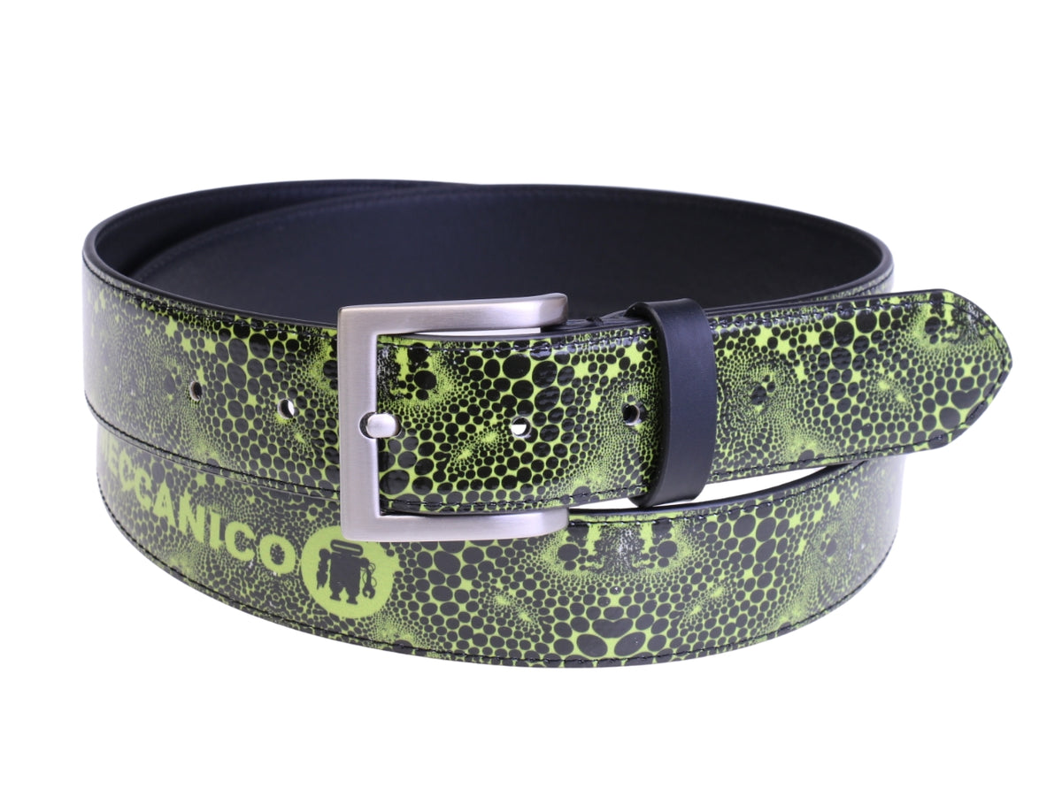 ...BLACK AND GREEN MEN&#39;S BELT WITH ANIMALIER FANTASY MADE OF LORRY TARPAULIN.