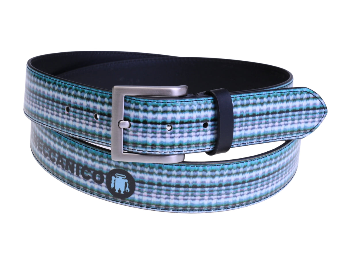 ..MEN&#39;S BELT WATER GREEN AND WHITE COLOURS WITH MADRAS FANTASY MADE OF LORRY TARPAULIN.