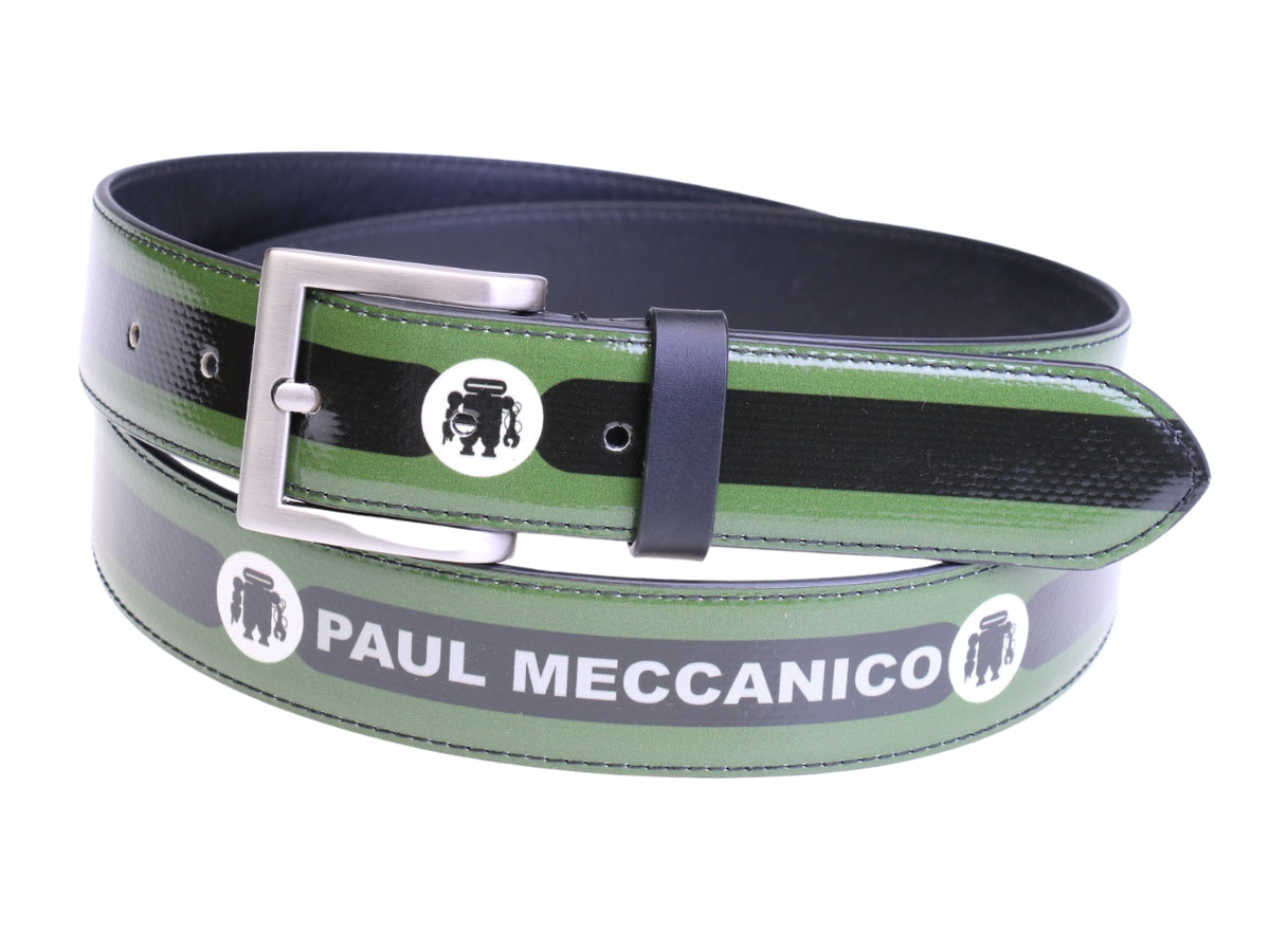 ..MEN&#39;S BELT BLACK AND DARK GREEN COLOURS MADE OF LORRY TARPAULIN.