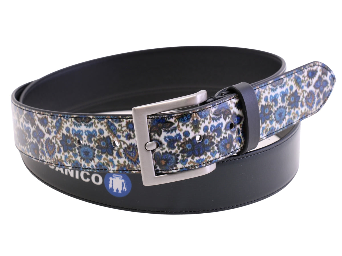 -BLUE MEN&#39;S BELT WITH FLORAL FANTASY MADE OF LORRY TARPAULIN.