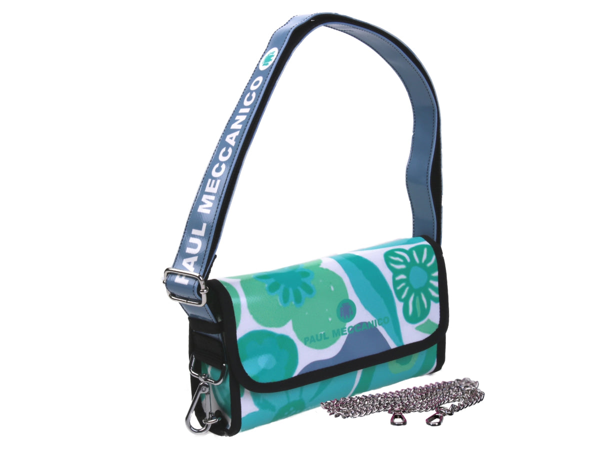 CLUTCH BAG WHITE AND GREEN COLOURS FLORAL FANTASY. MODEL CANDY MADE OF LORRY TARPAULIN.