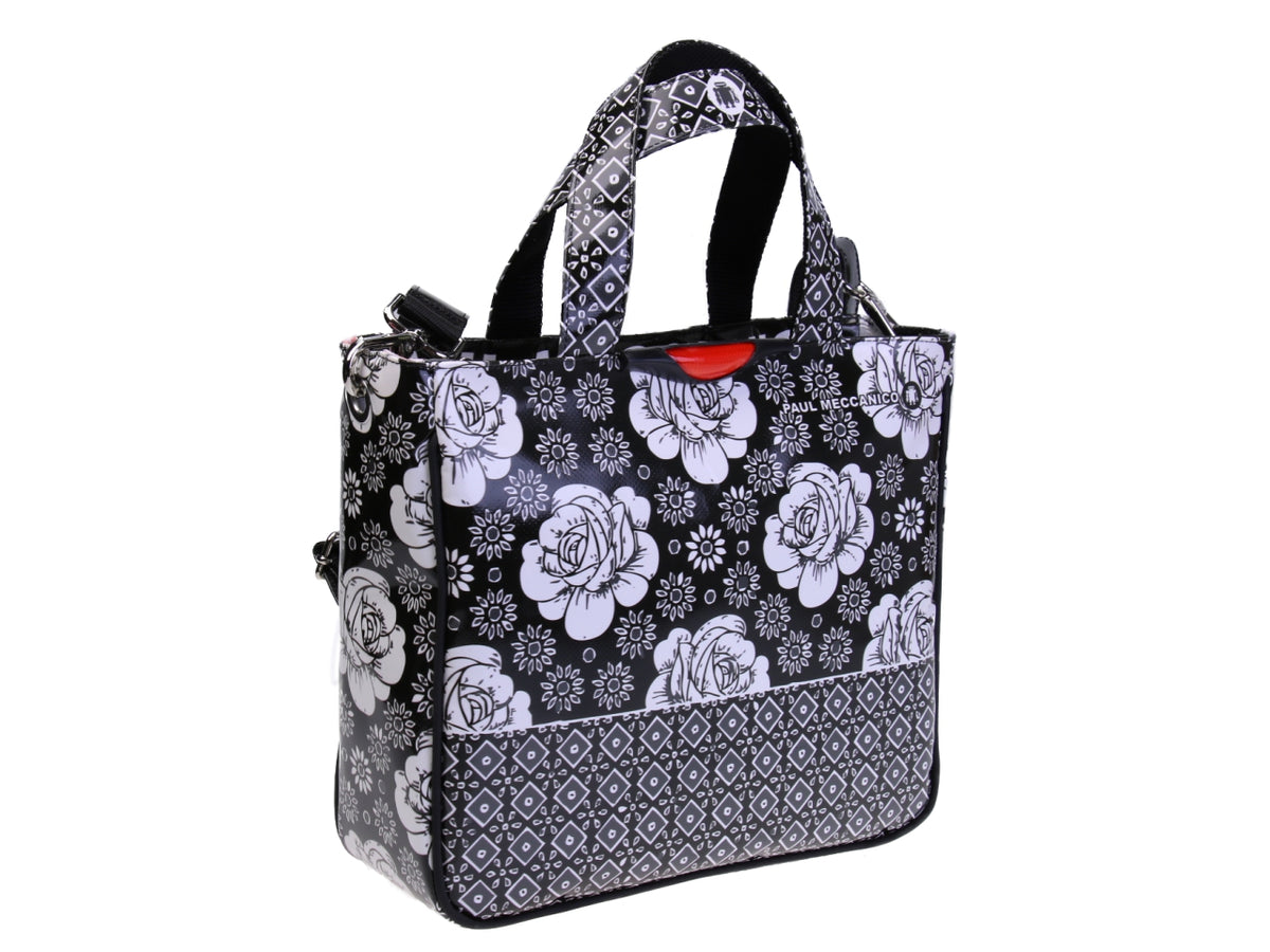 BLACK AND WHITE TOTE BAG WITH FLORAL GEOMETRIC FANTASY. MODEL GLAM MADE OF LORRY TARPAULIN.