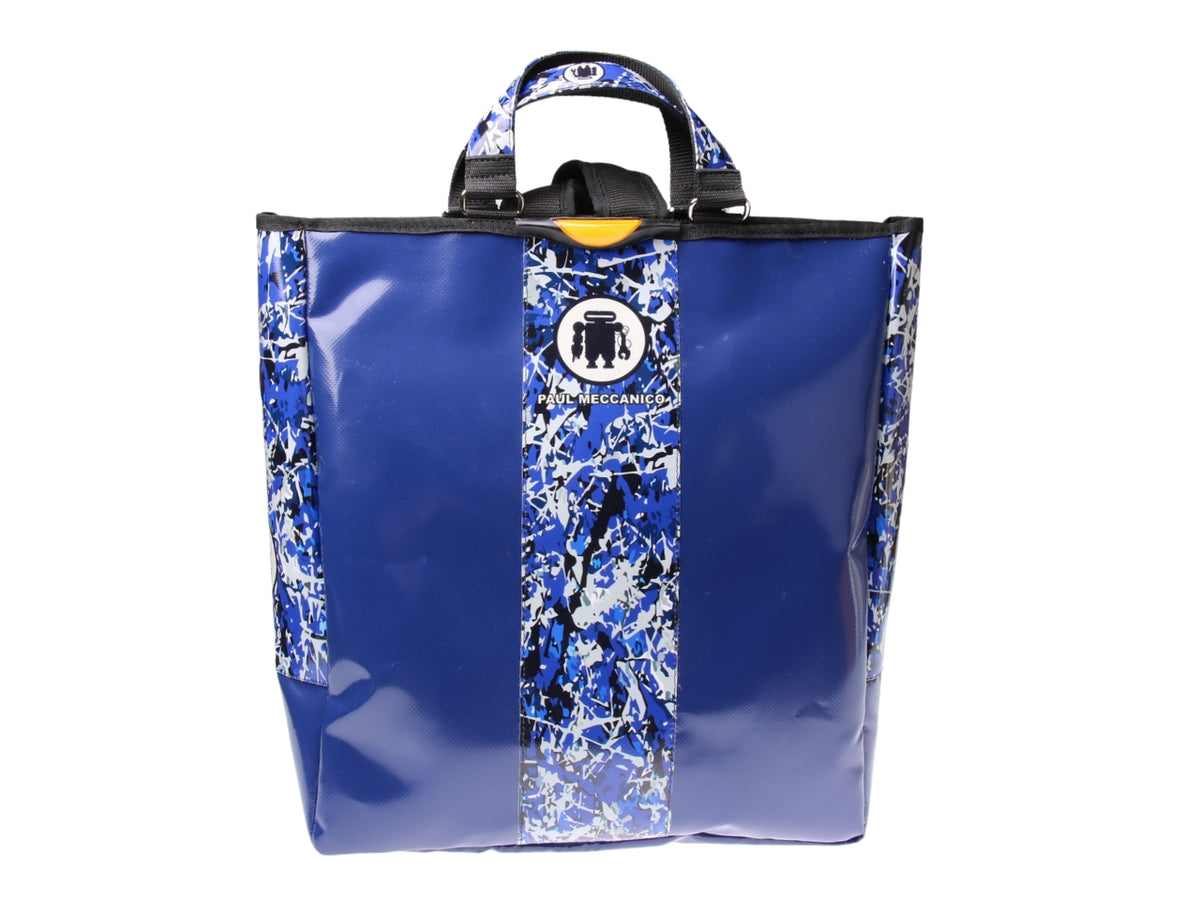 ...2 IN 1 BRIEFCASE AND BACKPACK IN BLUE COLOUR WITH CAMOUFLAGE FANTASY. MODEL HYBRID MADE OF LORRY TARPAULIN.