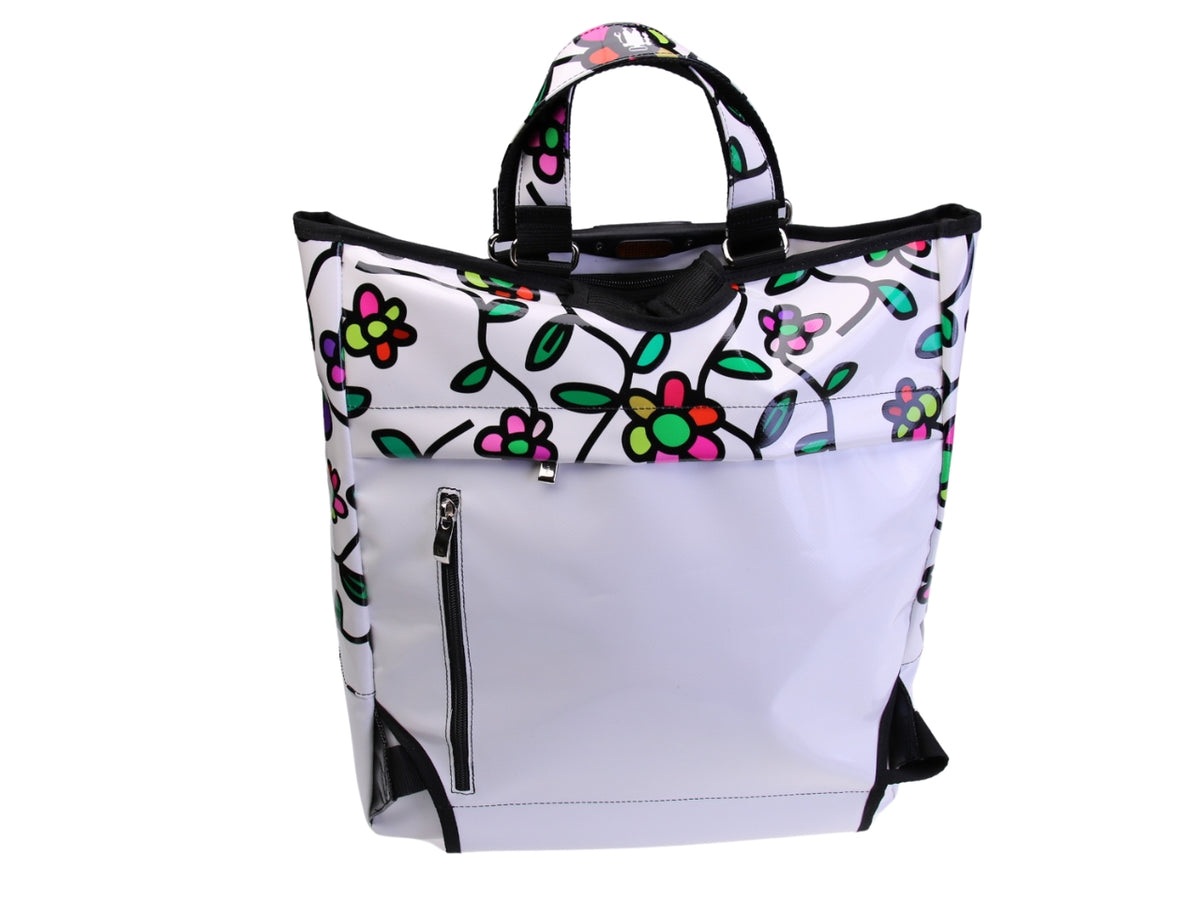 ...2 IN 1 BRIEFCASE AND BACKPACK IN WHITE COLOUR WITH FLORAL FANTASY. MODEL HYBRID MADE OF LORRY TARPAULIN.