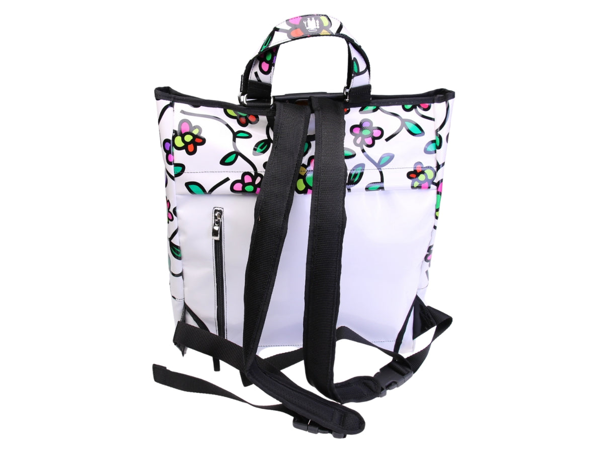 ...2 IN 1 BRIEFCASE AND BACKPACK IN WHITE COLOUR WITH FLORAL FANTASY. MODEL HYBRID MADE OF LORRY TARPAULIN.