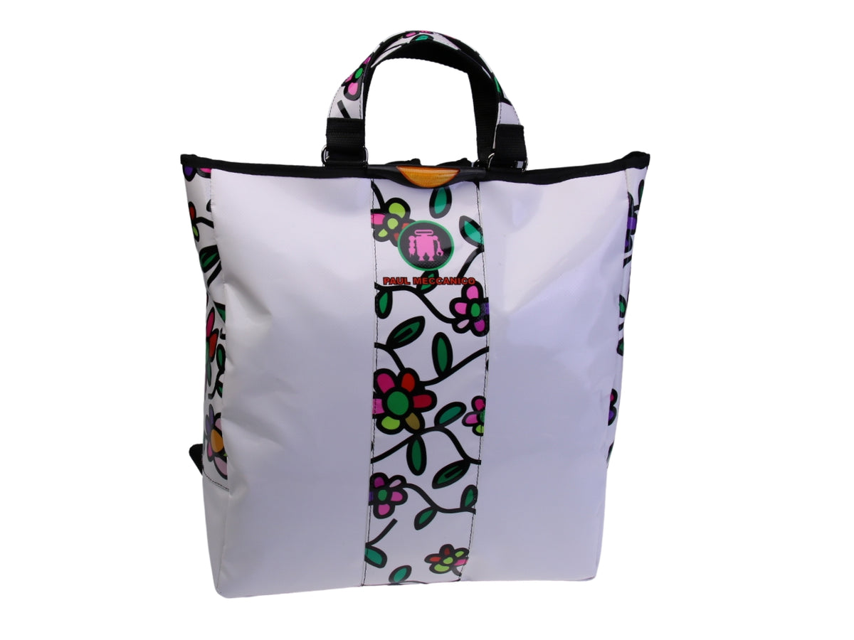 ...2 IN 1 BRIEFCASE AND BACKPACK IN WHITE COLOUR WITH FLORAL FANTASY. MODEL HYBRID MADE OF LORRY TARPAULIN.