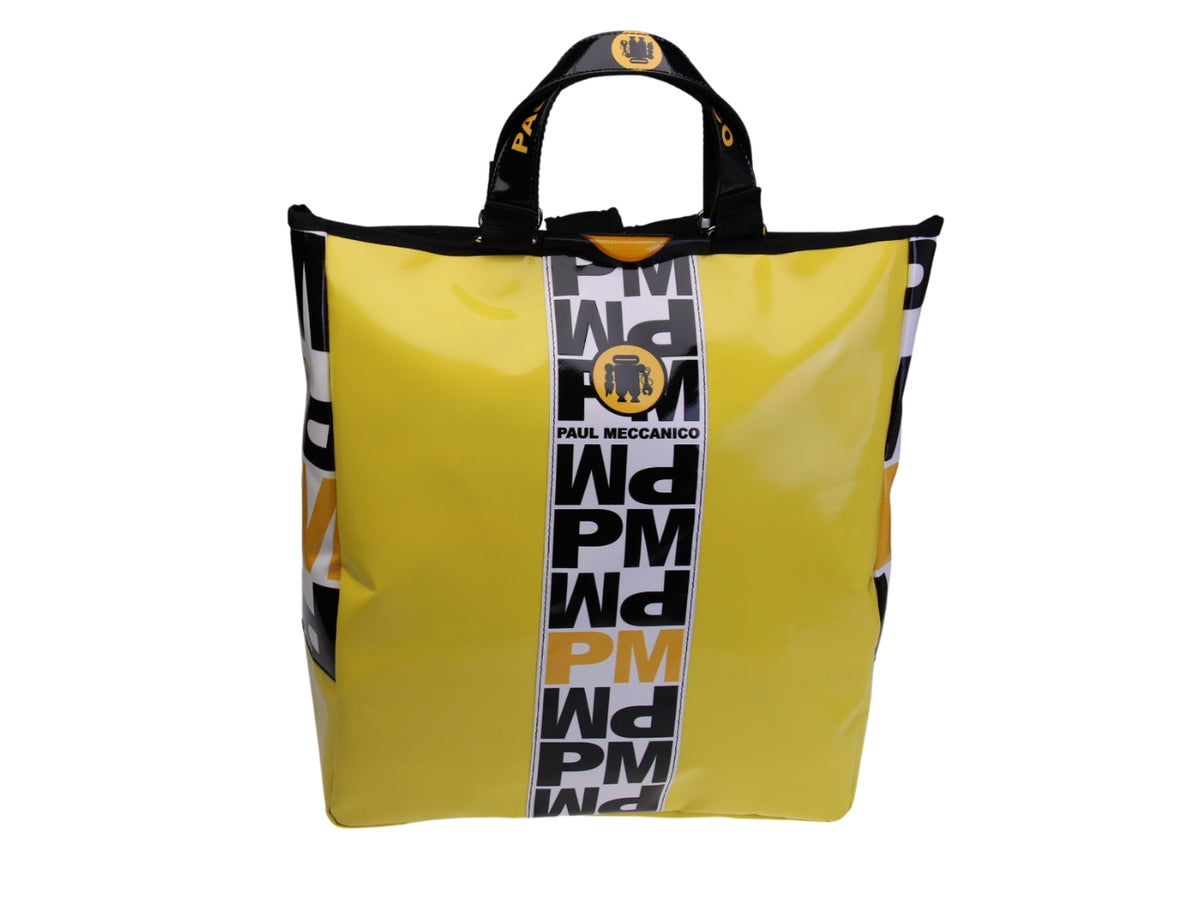 ...2 IN 1 BRIEFCASE AND BACKPACK IN YELLOW COLOUR. MODEL HYBRID MADE OF LORRY TARPAULIN.