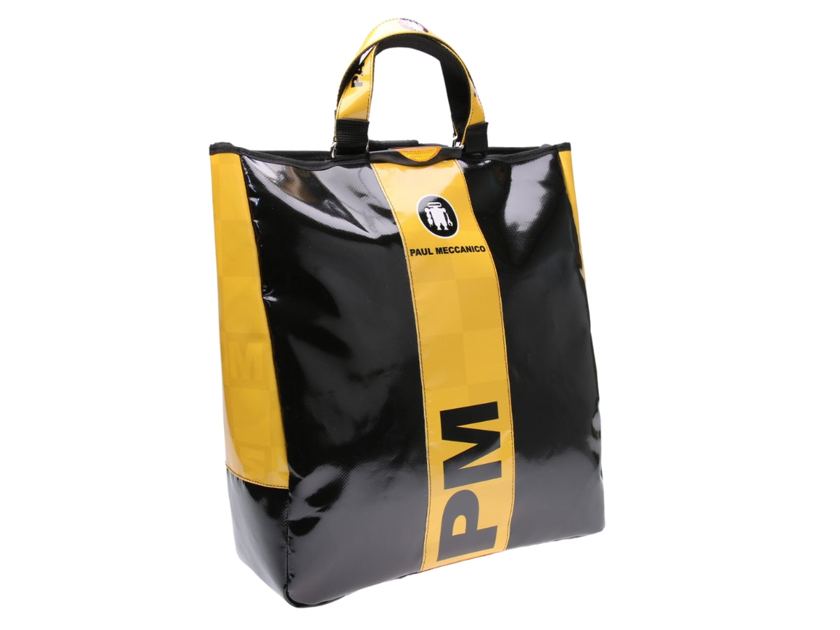 ...2 IN 1 BRIEFCASE AND BACKPACK IN BLACK AND YELLOW COLOURS. MODEL HYBRID MADE OF LORRY TARPAULIN.