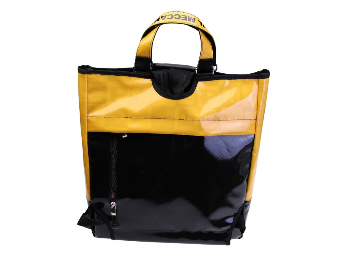 ...2 IN 1 BRIEFCASE AND BACKPACK IN BLACK AND YELLOW COLOURS. MODEL HYBRID MADE OF LORRY TARPAULIN.