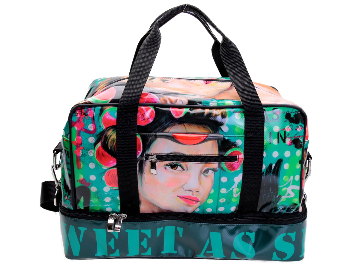 HAND LUGGAGE BAG 40 X 20 X 25 CM &quot;SWEET AS SIN&quot; DESIGNED BY BIANCA LEVER. MODEL FLYME MADE OF LORRY TARPAULIN.
