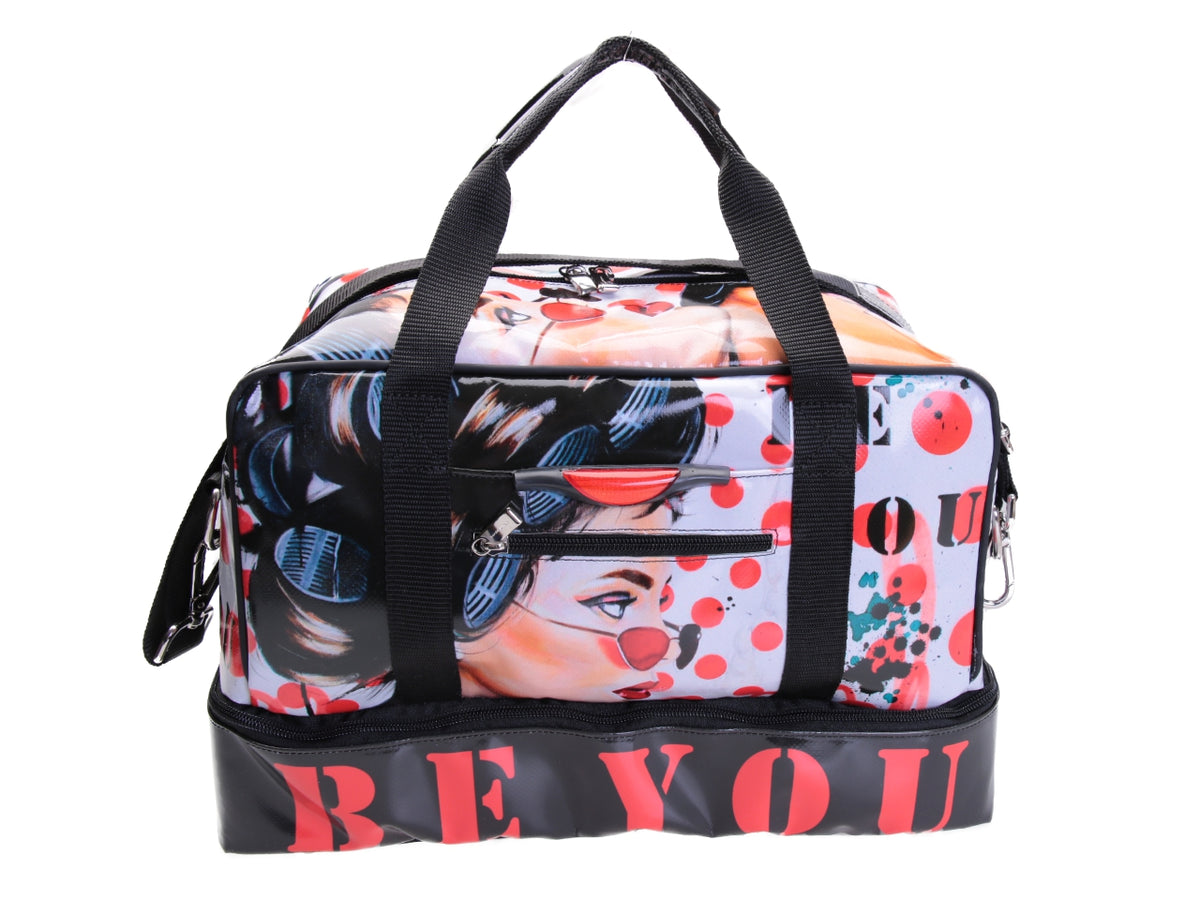 HAND LUGGAGE BAG 40 X 20 X 25 CM &quot;BE YOU&quot; DESIGNED BY BIANCA LEVER. MODEL FLYME MADE OF LORRY TARPAULIN.