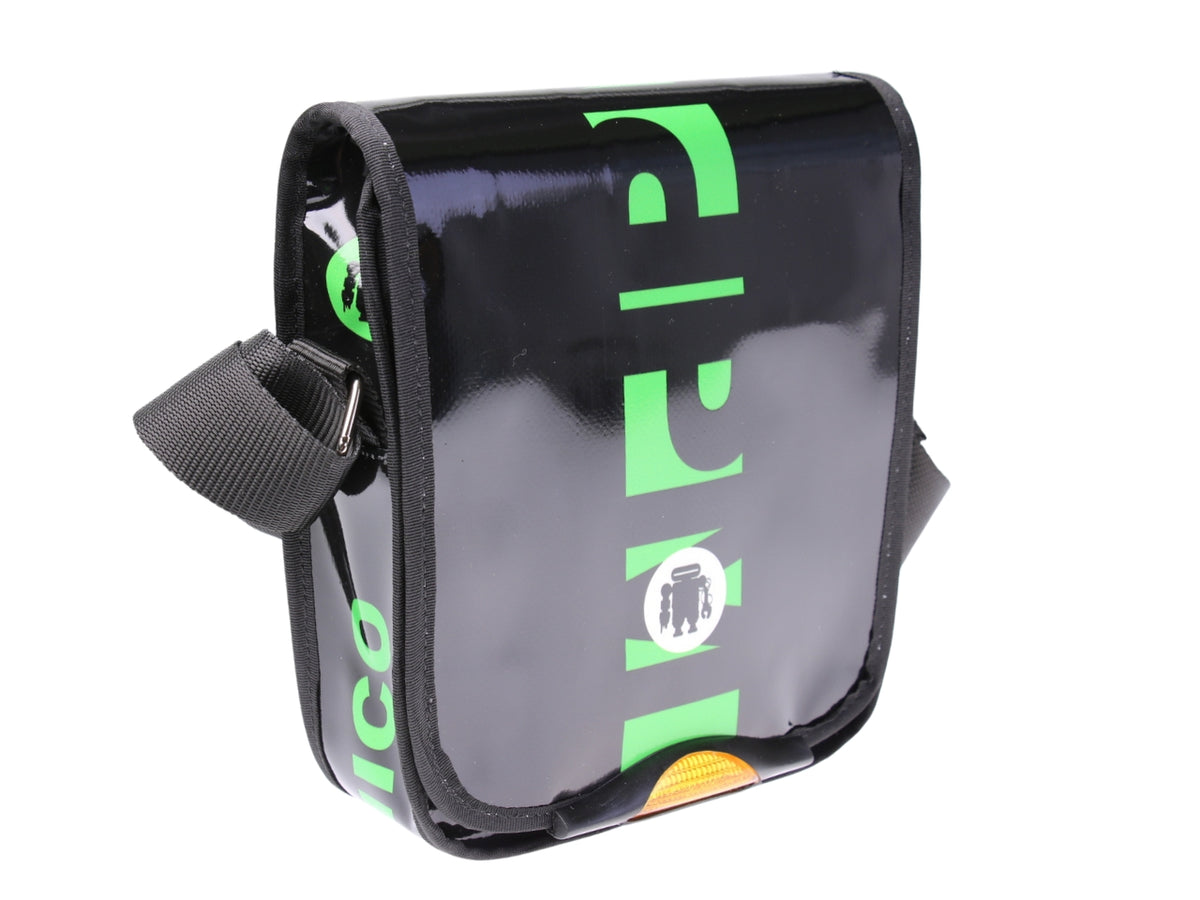 ...BLACK AND GREEN CROSSBODY BAG. MODEL MIPOK MADE OF LORRY TARPAULIN.