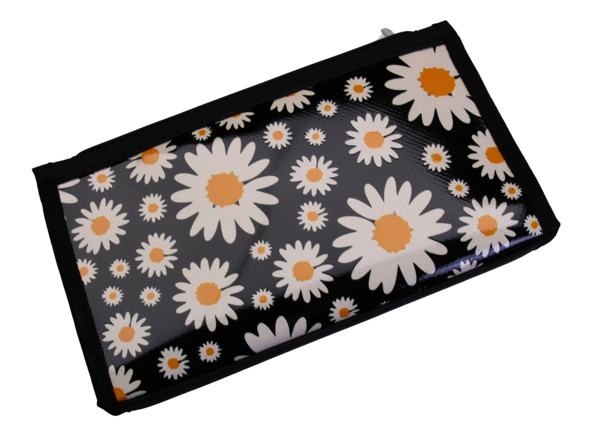 BLACK LARGE WOMEN&#39;S WALLET WITH FLORAL FANTASY. MODEL PIT MADE OF LORRY TARPAULIN.