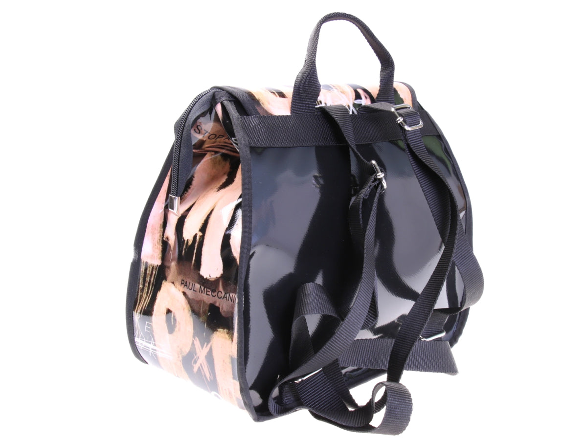 WOMEN&#39;S &quot;BACK BAG&quot; BLACK AND PINK COLOURS WITH LETTERING FANTASY. MODEL PULP MADE OF LORRY TARPAULIN.