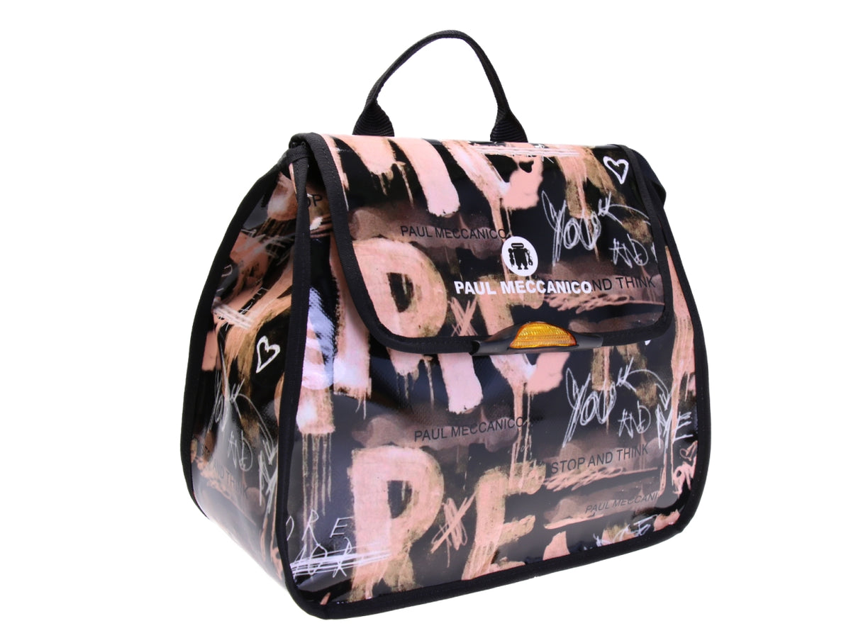 WOMEN&#39;S &quot;BACK BAG&quot; BLACK AND PINK COLOURS WITH LETTERING FANTASY. MODEL PULP MADE OF LORRY TARPAULIN.