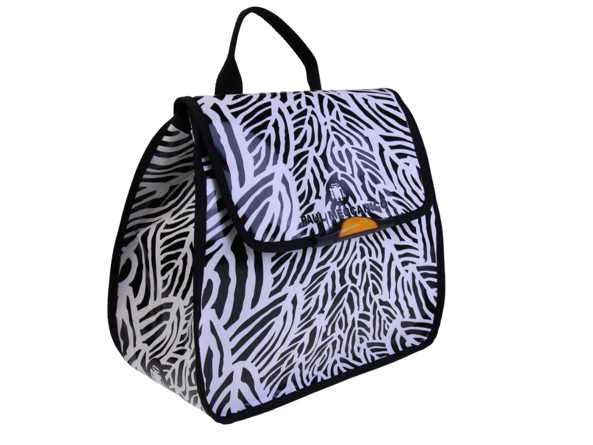 ...BLACK AND WHITE WOMEN&#39;S &quot;BACK BAG&quot; WITH ANIMALIER FANTASY. MODEL PULP MADE OF LORRY TARPAULIN.