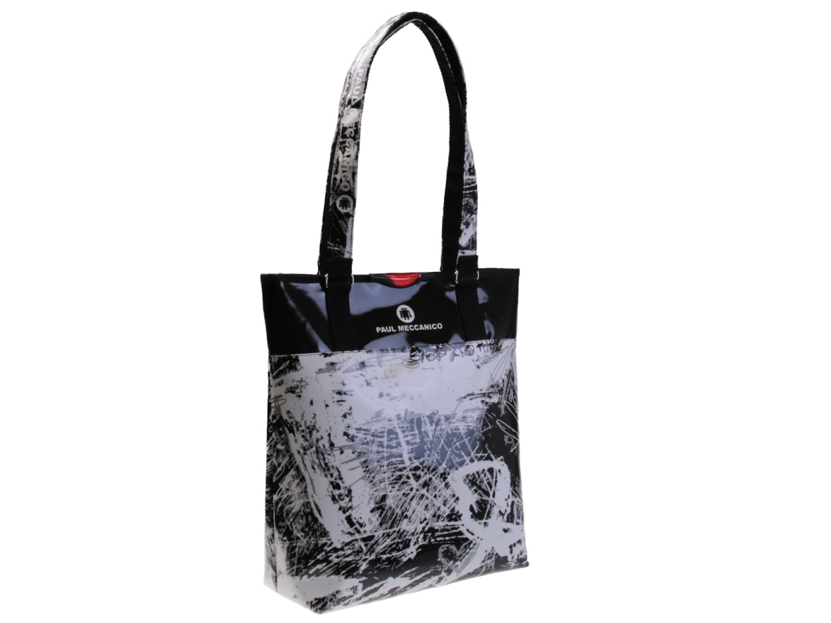 OFF WHITE AND BLACK MAXI SHOPPER BAG &quot;GRAFFITI&quot; STYLE. MODEL SELZ MADE OF LORRY TARPAULIN.