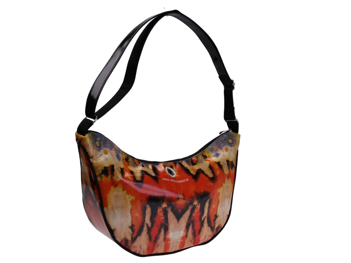 ...CRESCENT BAG WITH TIE DYE FANTASY. MODEL SPLIT MADE OF LORRY TARPAULIN.