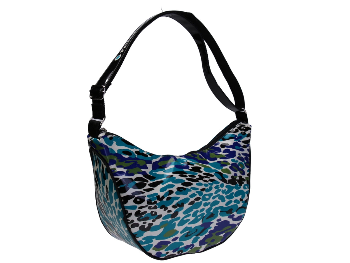 ...CRESCENT BAG LIGHT BLUE COLOUR WITH ANIMALIER FANTASY. MODEL SPLIT MADE OF LORRY TARPAULIN.