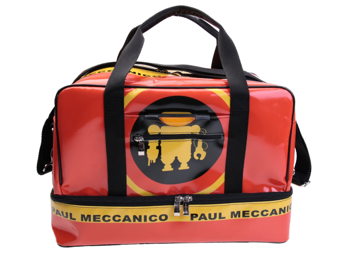 ORANGE AND YELLOW HAND LUGGAGE BAG 40 X 20 X 25 CM. MODEL FLYME MADE OF LORRY TARPAULIN. - Paul Meccanico
