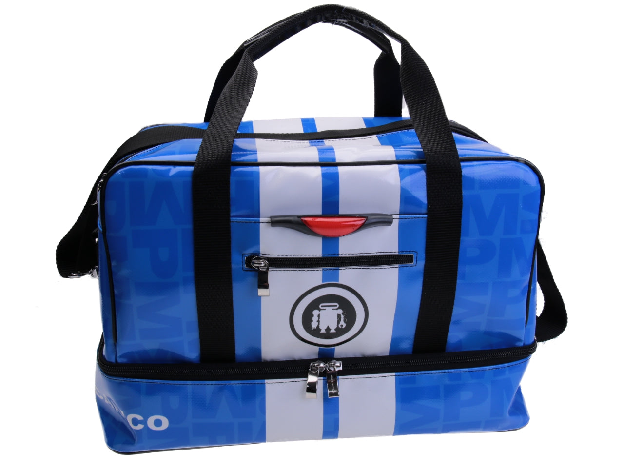 BLUE AND WHITE HAND LUGGAGE BAG 40 X 20 X 25 CM. MODEL FLYME MADE OF LORRY TARPAULIN. - Paul Meccanico