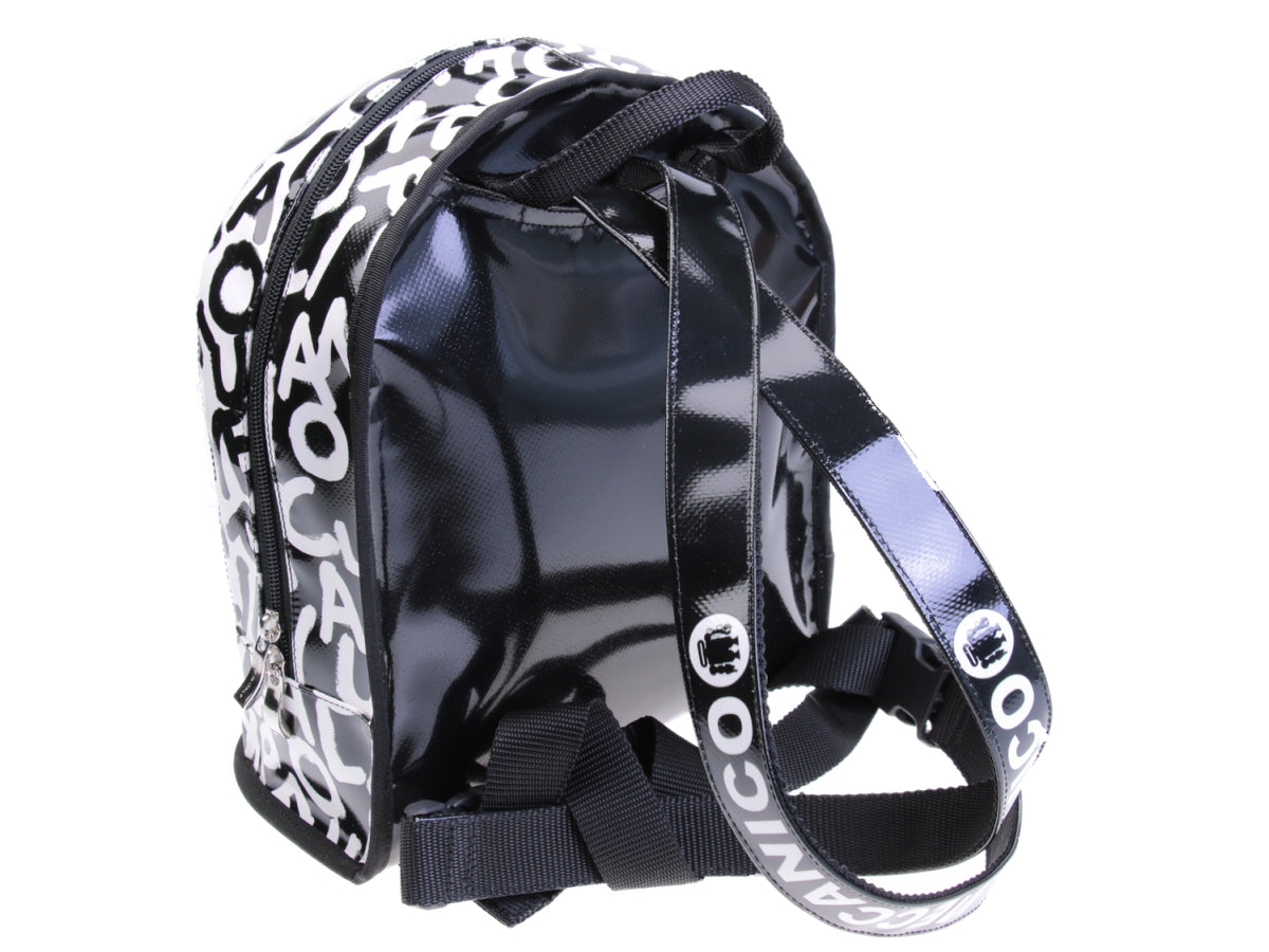 BLACK AND WHITE BACKPACK WITH LETTER FANTASY. MODEL SUPERINO MADE OF LORRY TARPAULIN. - Limited Edition Paul Meccanico