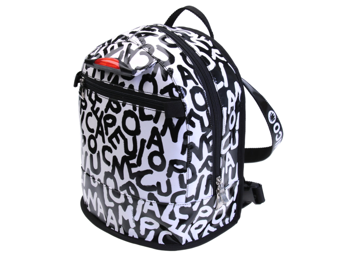 BLACK AND WHITE BACKPACK WITH LETTER FANTASY. MODEL SUPERINO MADE OF LORRY TARPAULIN. - Limited Edition Paul Meccanico