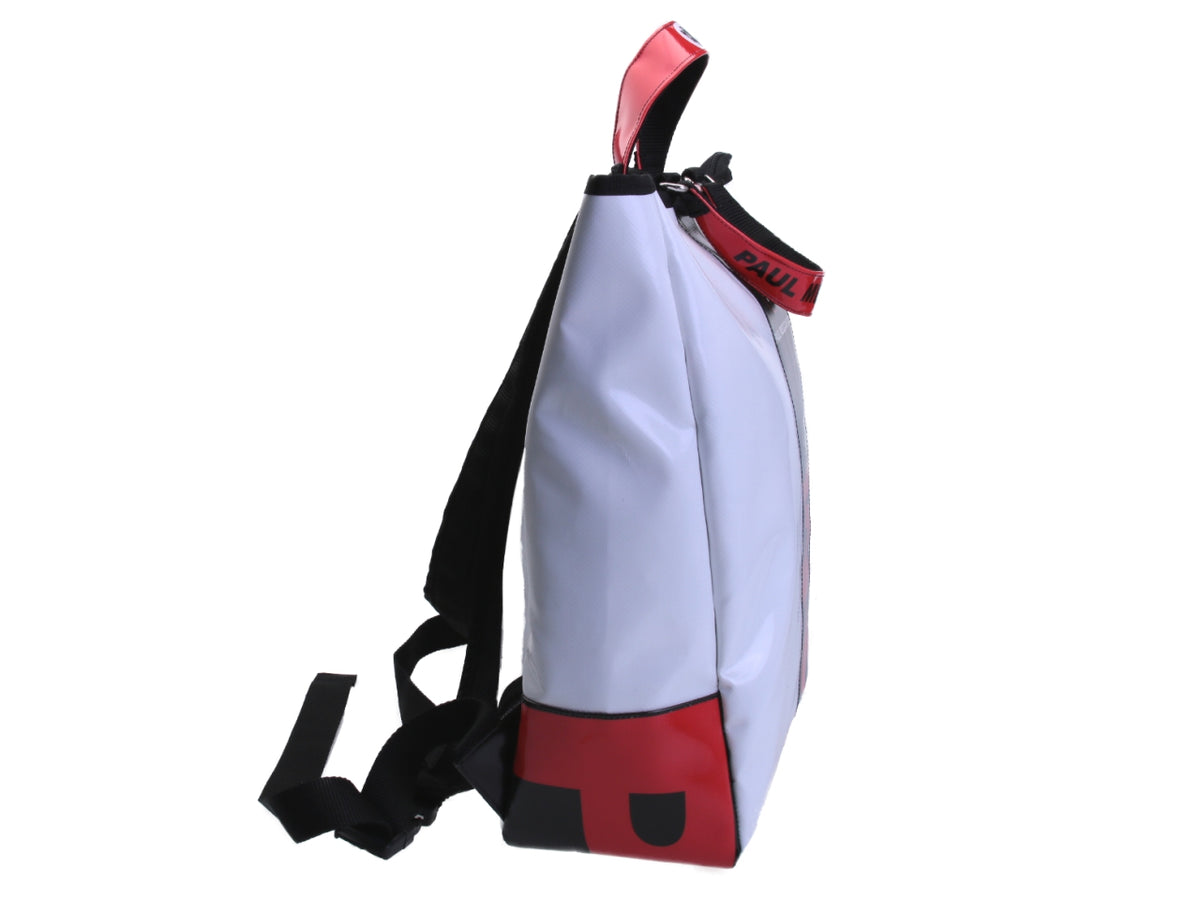 2 IN 1 BRIEFCASE AND BACKPACK WHITE, BLACK, RED. MODEL HYBRID MADE OF LORRY TARPAULIN.