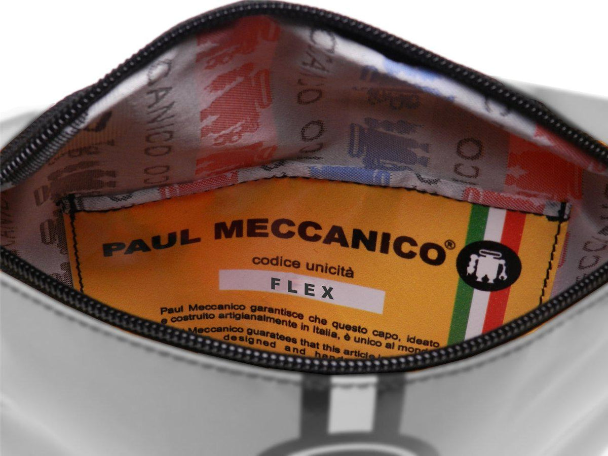 BLACK, WHITE AND LIGHT BLUE WAIST BAG PAUL MECCANICO. MODEL FLEX MADE OF LORRY TARPAULIN. - Limited Edition Paul Meccanico