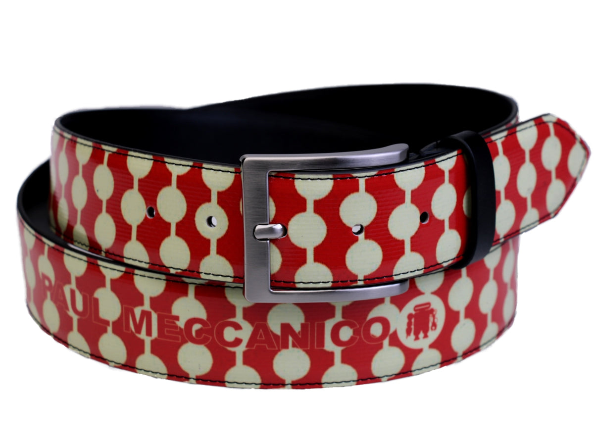 RED AND BEIGE MEN&#39;S BELT MADE OF LORRY TARPAULIN. - Unique Pieces Paul Meccanico