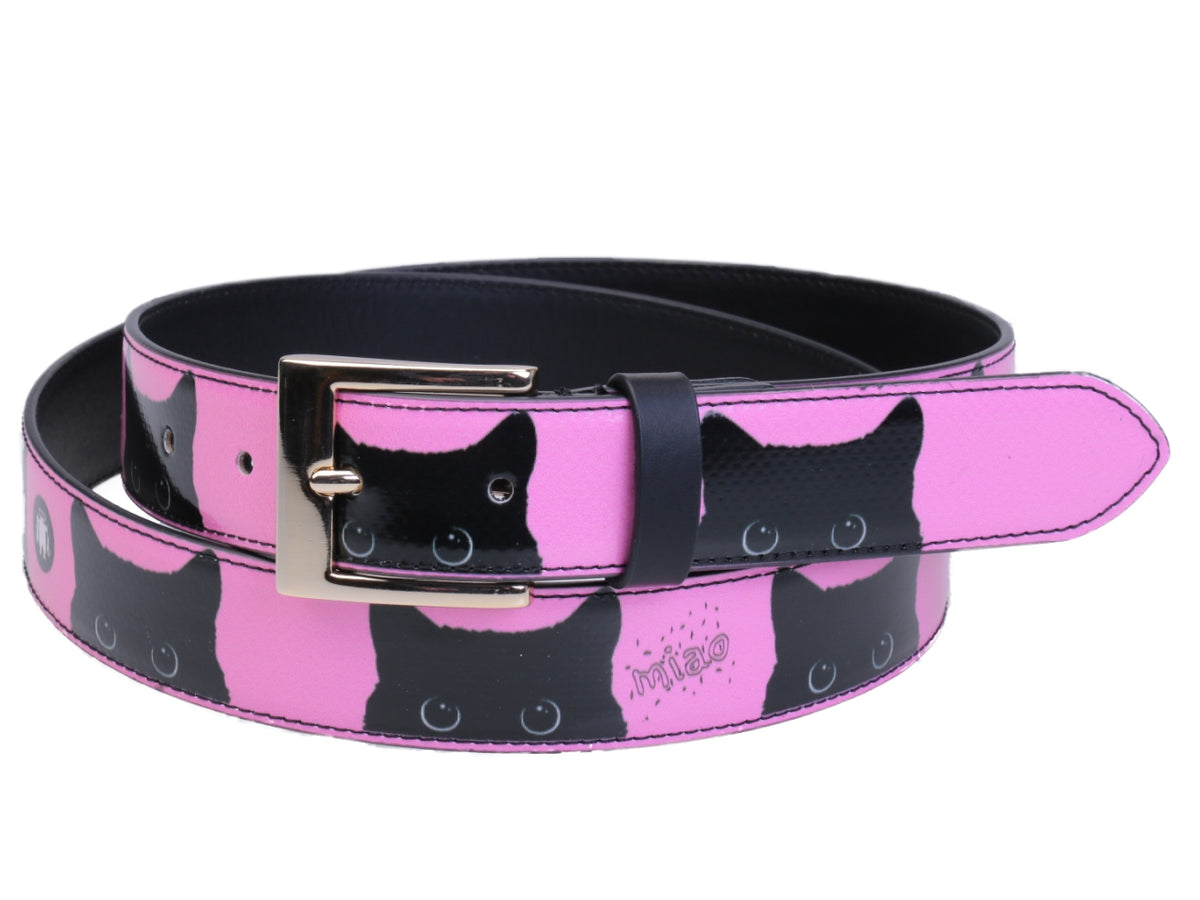 PINK AND BLACK WOMEN&#39;S BELT &quot;KITTENS&quot; MADE OF LORRY TARPAULIN. - Unique Pieces Paul Meccanico