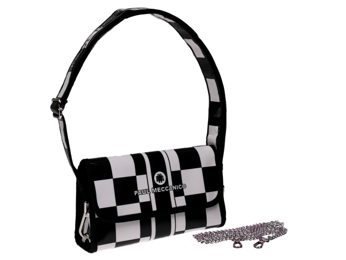 CLUTCH BAG BLACK AND WHITE CHESS FANTASY. MODEL CANDY MADE OF LORRY TARPAULIN. - Limited Edition Paul Meccanico