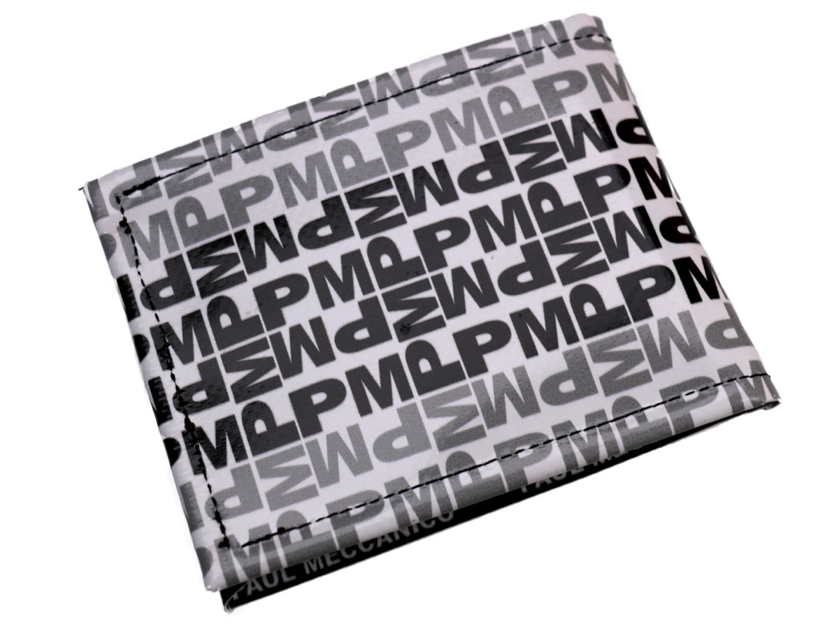 MEN&#39;S WALLET BLACK AND WHITE LETTERING FANTASY. MODEL CRIK MADE OF LORRY TARPAULIN. - Limited Edition Paul Meccanico