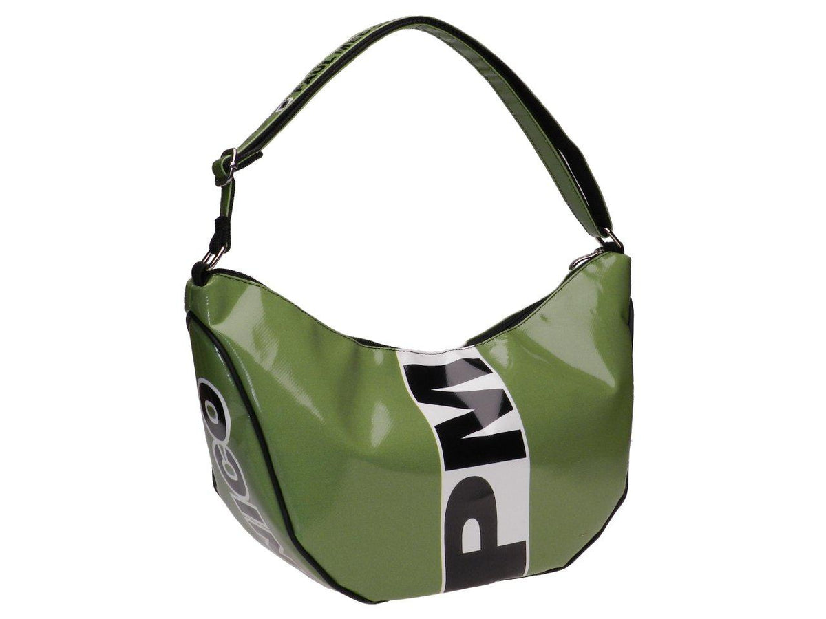 HALF-MOON BAG GREEN AND WHITE COLOURS. SPLIT MODEL MADE OF LORRY TARPAULIN. - Limited Edition Paul Meccanico