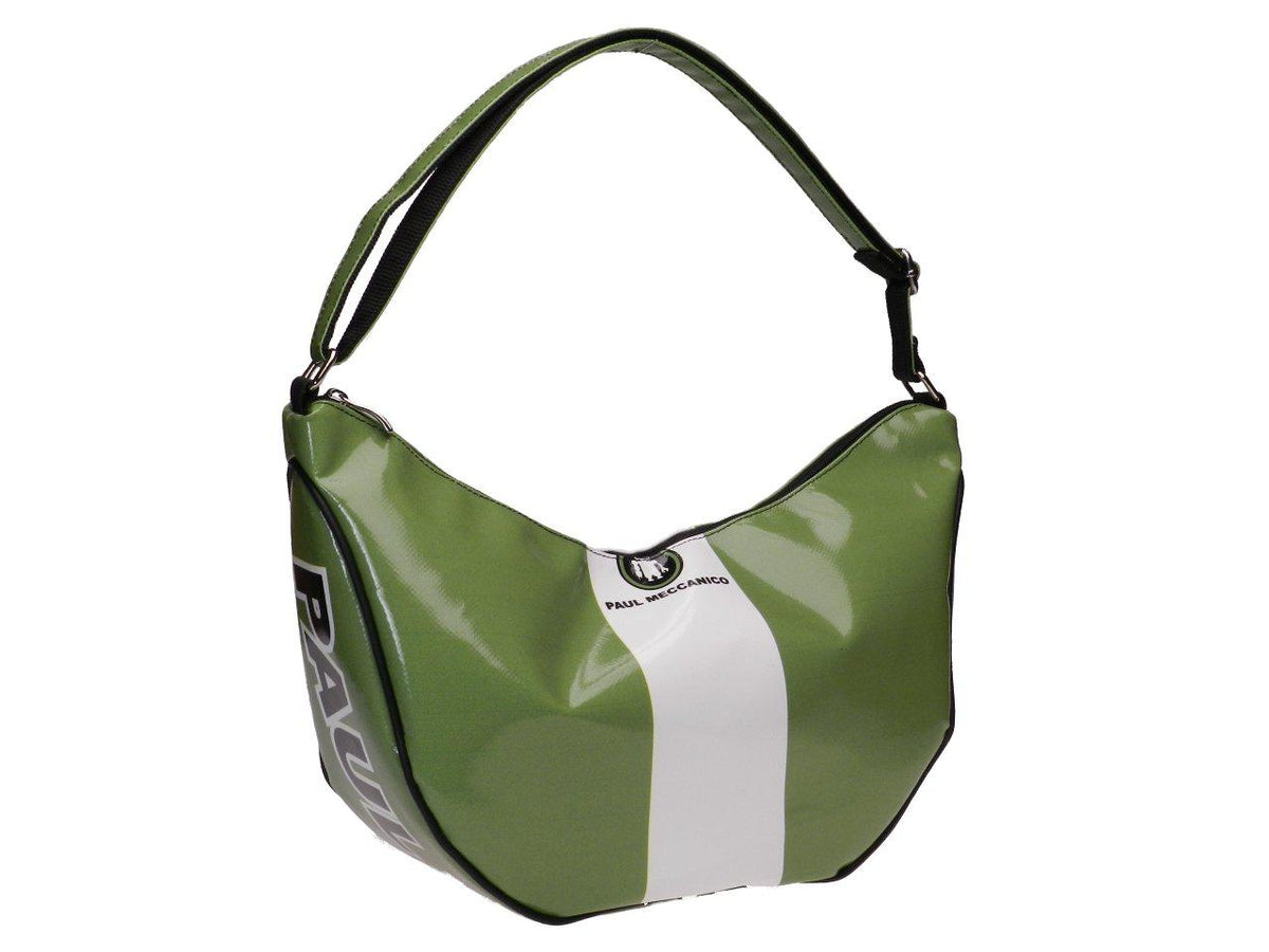 HALF-MOON BAG GREEN AND WHITE COLOURS. SPLIT MODEL MADE OF LORRY TARPAULIN. - Limited Edition Paul Meccanico