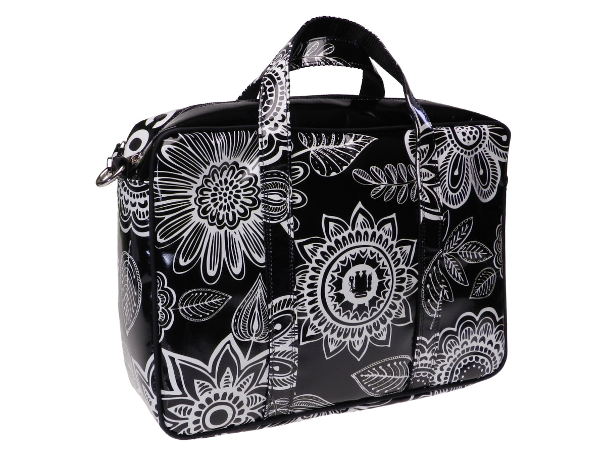 ...WOMAN BRIEFCASE BLACK AND WHITE COLOURS FLORAL FANTASY. KART MODEL MADE OF LORRY TARPAULIN. - Limited Edition Paul Meccanico