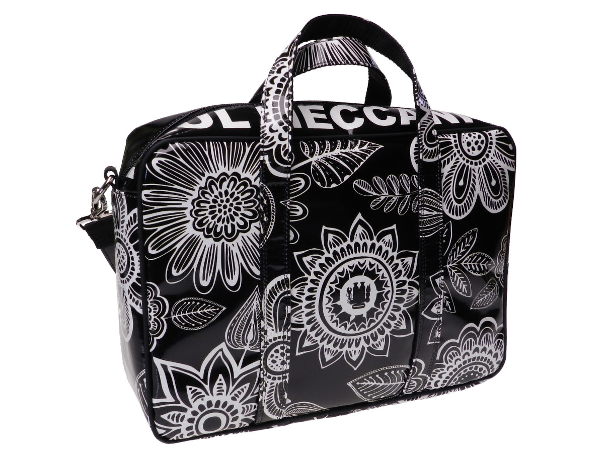 ...WOMAN BRIEFCASE BLACK AND WHITE COLOURS FLORAL FANTASY. KART MODEL MADE OF LORRY TARPAULIN. - Limited Edition Paul Meccanico
