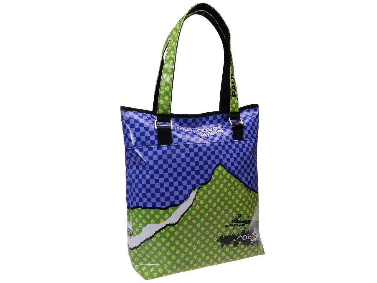 MAXI SHOPPER "DISCOVER SIBILLINI" BLACK, BLUE AND GREEN COLOUR WITH 'MONTE SIBILLA' PRINT. MODEL SELZ MADE OF LORRY TARPAULIN. - Limited Edition Paul Meccanico