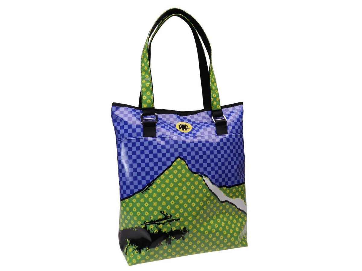 MAXI SHOPPER &quot;DISCOVER SIBILLINI&quot; BLACK, BLUE AND GREEN COLOUR WITH &#39;MONTE SIBILLA&#39; PRINT. MODEL SELZ MADE OF LORRY TARPAULIN. - Limited Edition Paul Meccanico