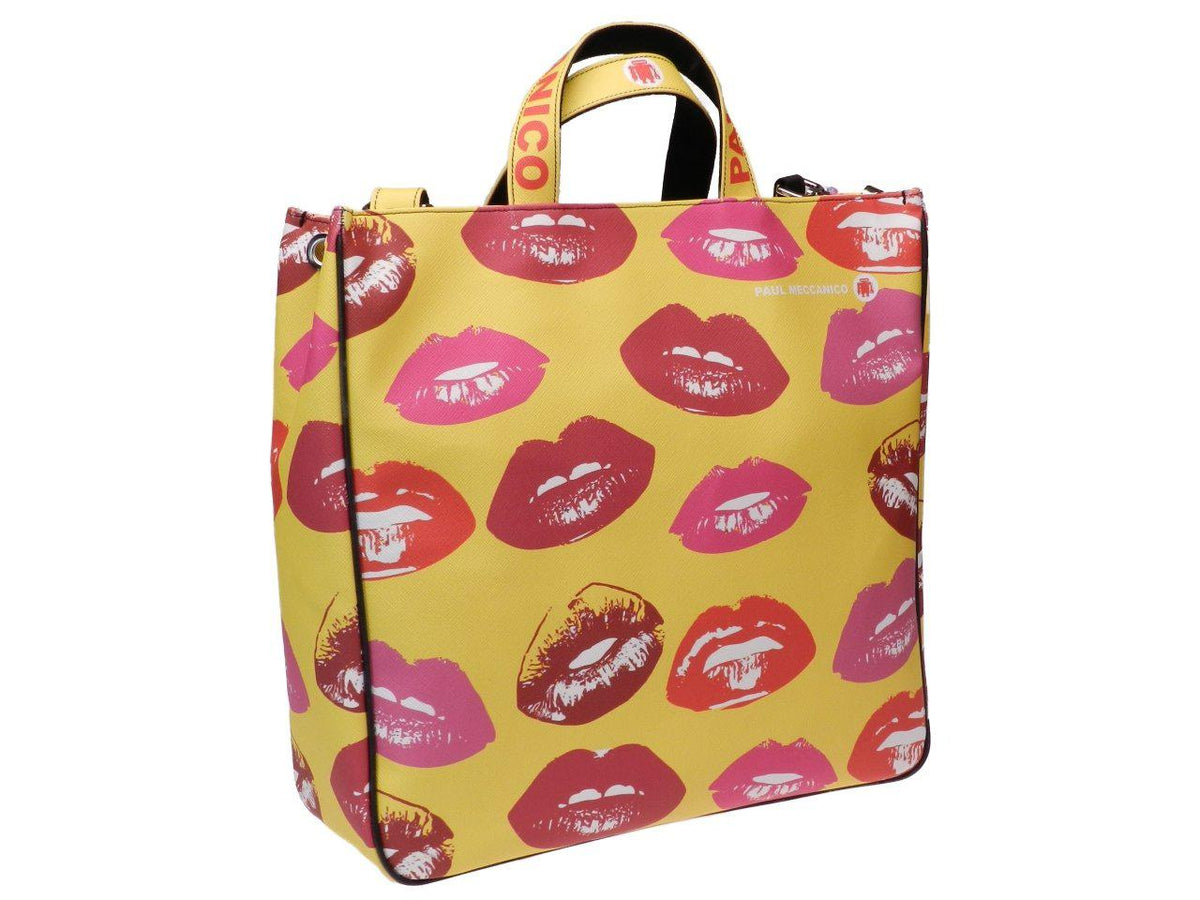 MAXI TOTE BAG YELLOW WITH &quot;LIPS&quot;. MODEL AIRSTONE MADE OF FAUX LEATHER. - Unique Pieces Paul Meccanico