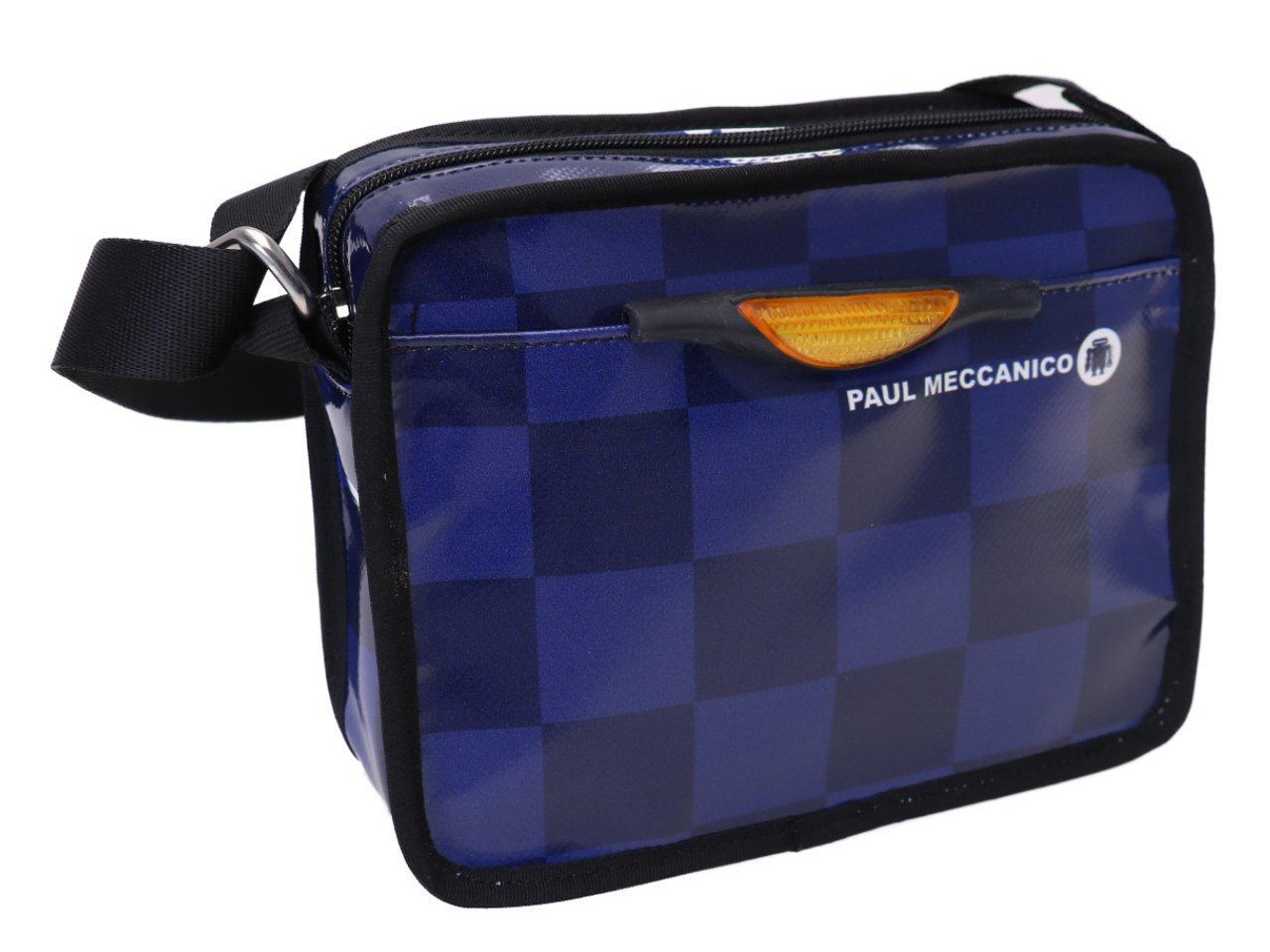 SMALL CROSSBODY BAG NAVY AND BLUE WITH GEOMETRIC FANTASY. MODEL FRIK MADE OF LORRY TARPAULIN. - Limited Edition Paul Meccanico