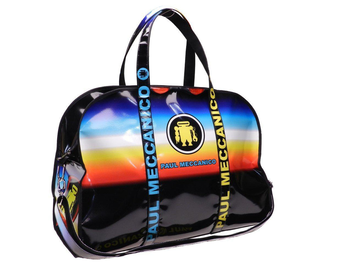 LARGE TRAVEL OR SPORTS BAG BLACK WITH RAINBOW FANTASY. MODEL RAID MADE OF LORRY TARPAULIN. - Unique Pieces Paul Meccanico