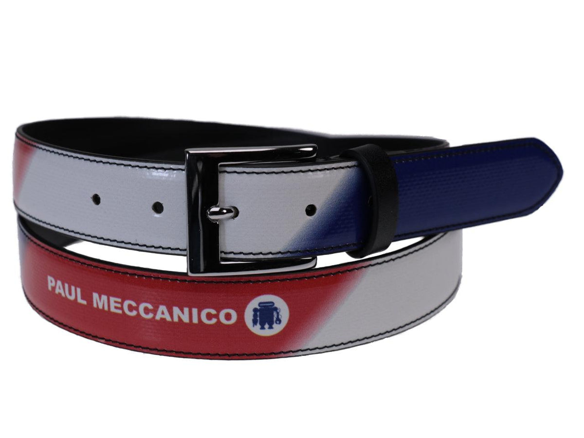 WOMAN&#39;S BELT RED, WHITE AND ROYAL COLOURS MADE OF LORRY TARPAULIN. - Unique Pieces Paul Meccanico